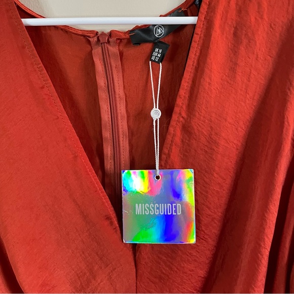 MISSGUIDED - Orange Silky Long Sleeve Paneled Dress - Size 12 - V Neck - NWT - Picture 7 of 8